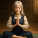 ミリア（原初Ver.）がヨガマットに座り、安楽座ポーズで静かに呼吸している幻想図書館内のシーン