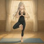 木のポーズをとるミリア（Ver.2）がヨガマットの上で片足立ちする静かな図書空間