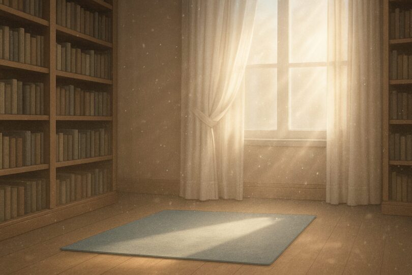 朝の光が差し込む図書空間に、ヨガマットだけが敷かれた呼吸のための静かな空間