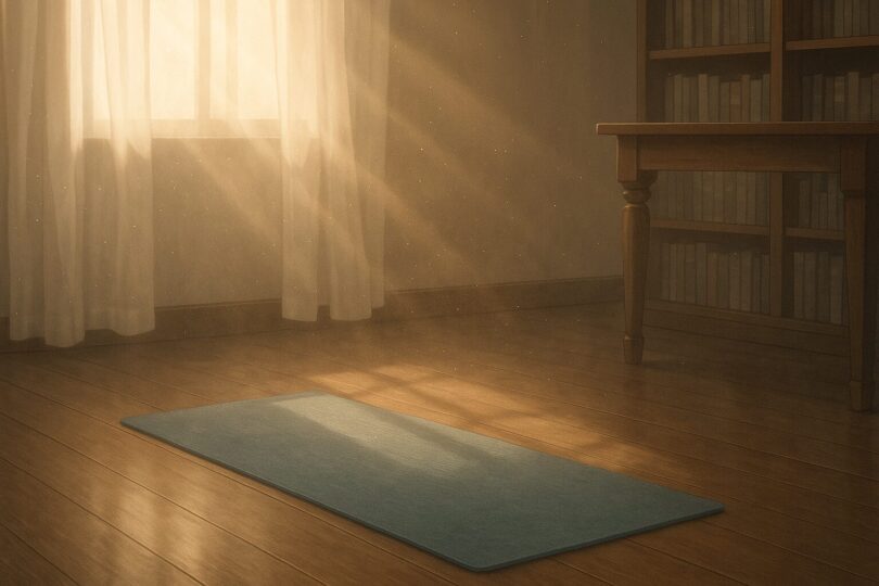 キャラのいない書斎の一角に、くすみブルーのヨガマットが敷かれた静かな室内。朝光と光粒子が漂う空間。