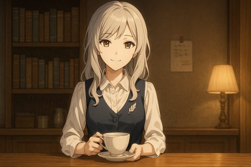 喫茶店のカウンターで静かに微笑むミリア。紅茶を手に、火種のようなぬくもりを湛える眼差し。『REBOOT』告知記事用アイキャッチ。