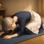 チャイルドポーズをとる暮らしのミリア。朝の光差す室内で、穏やかに背中を丸めている姿。