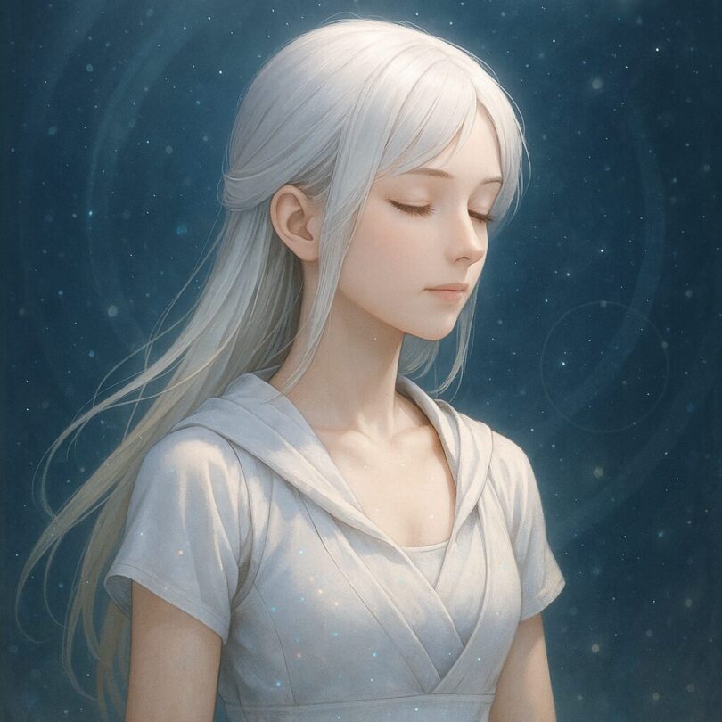星光の中で静かに目を閉じるエーテルミリアのバストアップ。祈るように呼吸を整えている。