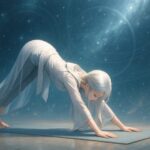 ダウンドッグのポーズをとるエーテルミリア。背中を伸ばし、星層空間の中で呼吸を整えている姿。