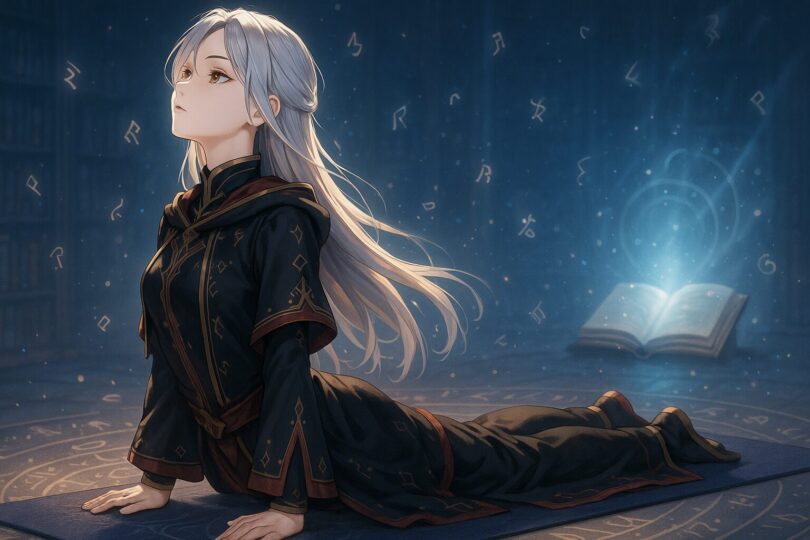 コブラのポーズをとる術式ミリア。魔導陣の中で胸をひらき、静かに前を見つめている姿。