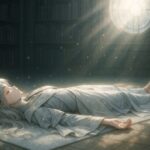 星光ミリアが光の読書室で屍のポーズをとり、静かに横たわる姿。光粒とともに深く整う瞬間。