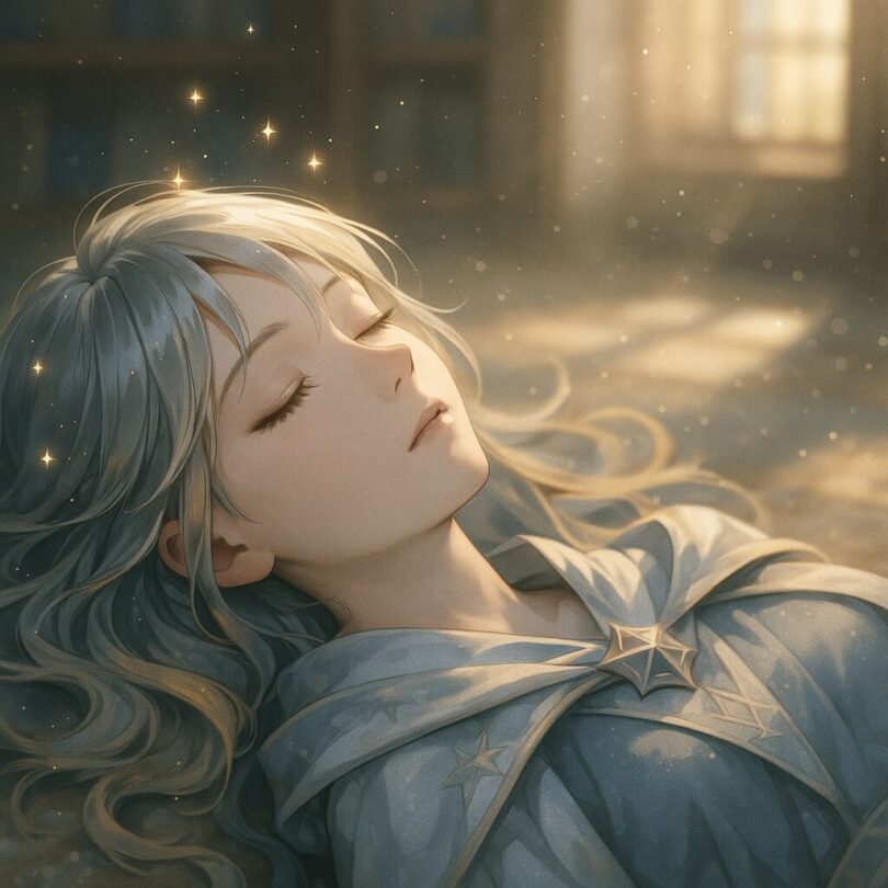 星光ミリアのバストアップ。閉じた目元と穏やかな表情が、祈るような静けさを表している。