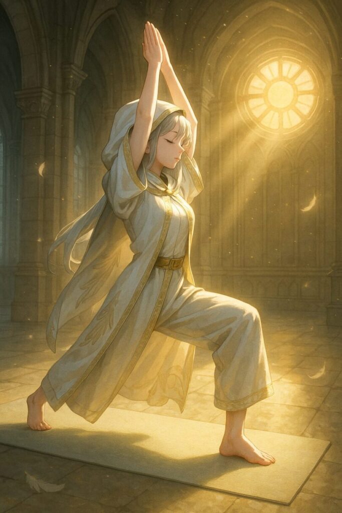白と金の聖衣をまとった聖女ミリアが、戦士のポーズ I で胸をひらき、垂直の構えで立っている姿。