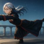 英雄のポーズ III の完成形を見せる幻想教師ミリア。片脚で静かに立ち、空を切るように身体を伸ばす姿。