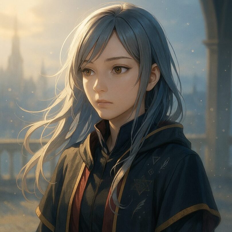 幻想教師ミリアのバストアップ。群青の髪と金の瞳で問いを見つめるような、静かな表情。