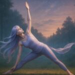 精霊アリアが森の中で三角のポーズをとる、風と一体化したphoto-realisticな構図
