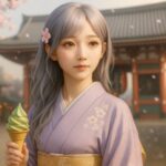 A beautiful young woman in a soft lavender kimono stands quietly in Asakusa with cherry blossoms drifting in the air.