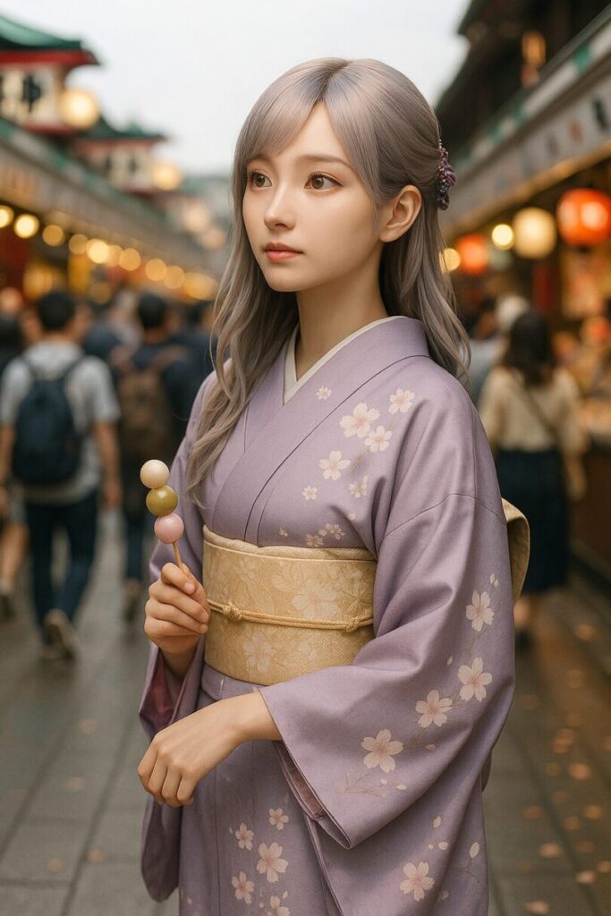 A young woman in a kimono calmly observes the bustling crowd of Nakamise Street, Asakusa.