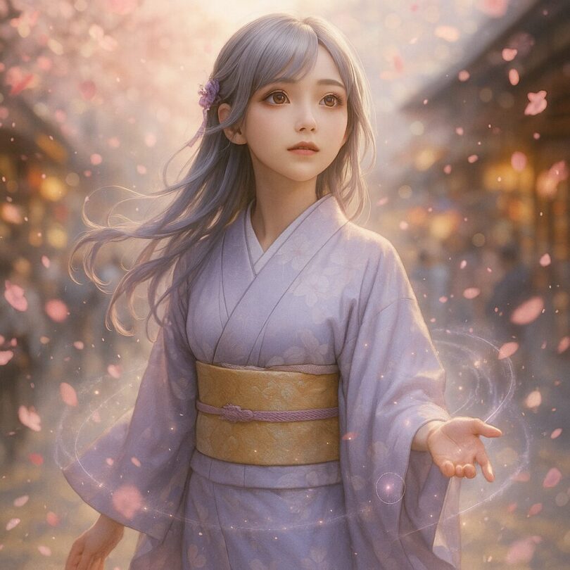 A magical transition scene with cherry blossoms swirling as a girl in a kimono prepares to disappear into light.