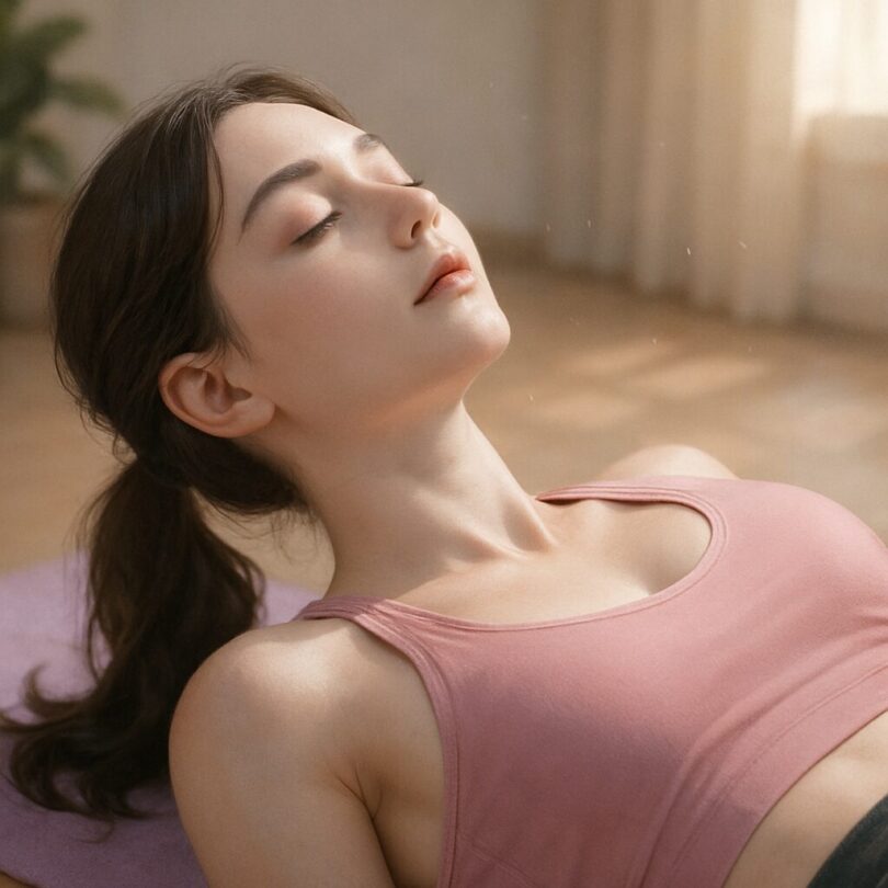 橋のポーズ中のセリナのバストアップ構図。視線は伏し目がちで、静かに呼吸を感じる表情が印象的。