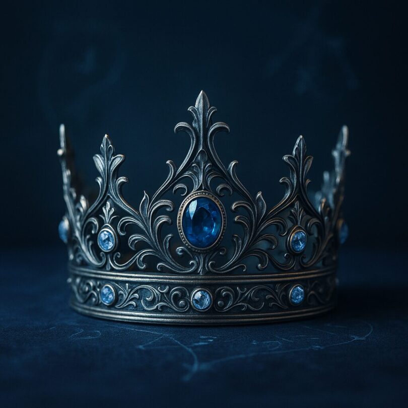 An ornate silver and gold crown with blue gemstones resting on a dark velvet surface