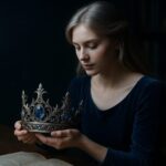 A silver-haired woman in a blue dress gazes at an ornate crown she holds with both hands
