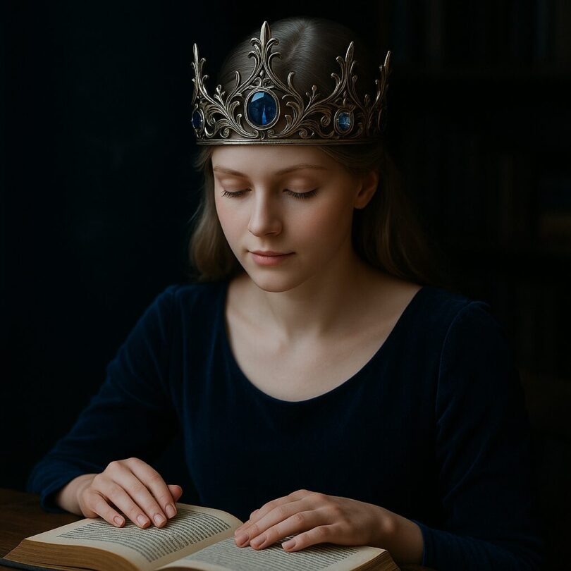 A princess wearing an ornate silver-gold crown reads a large book in a magical library setting