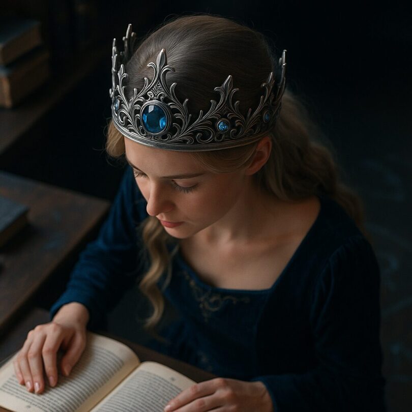 A young woman wearing a silver-gold crown with blue sapphires, reading a book at a wooden desk