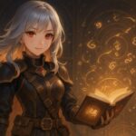 A determined young woman with ember-tipped silver-gold hair wielding a glowing book as magical script swirls around her.（銀金の髪と本を装備する少女が構文の光に包まれている）