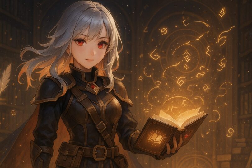 A determined young woman with ember-tipped silver-gold hair wielding a glowing book as magical script swirls around her.（銀金の髪と本を装備する少女が構文の光に包まれている）