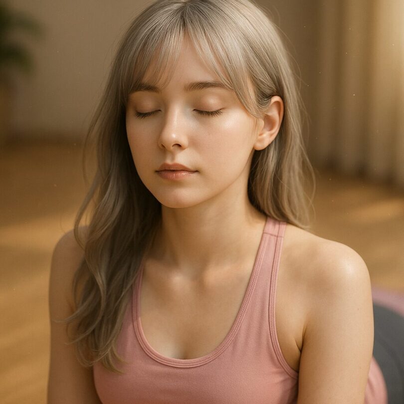 Close-up of Miria with closed eyes, wearing a soft pink yoga top, surrounded by warm ambient light