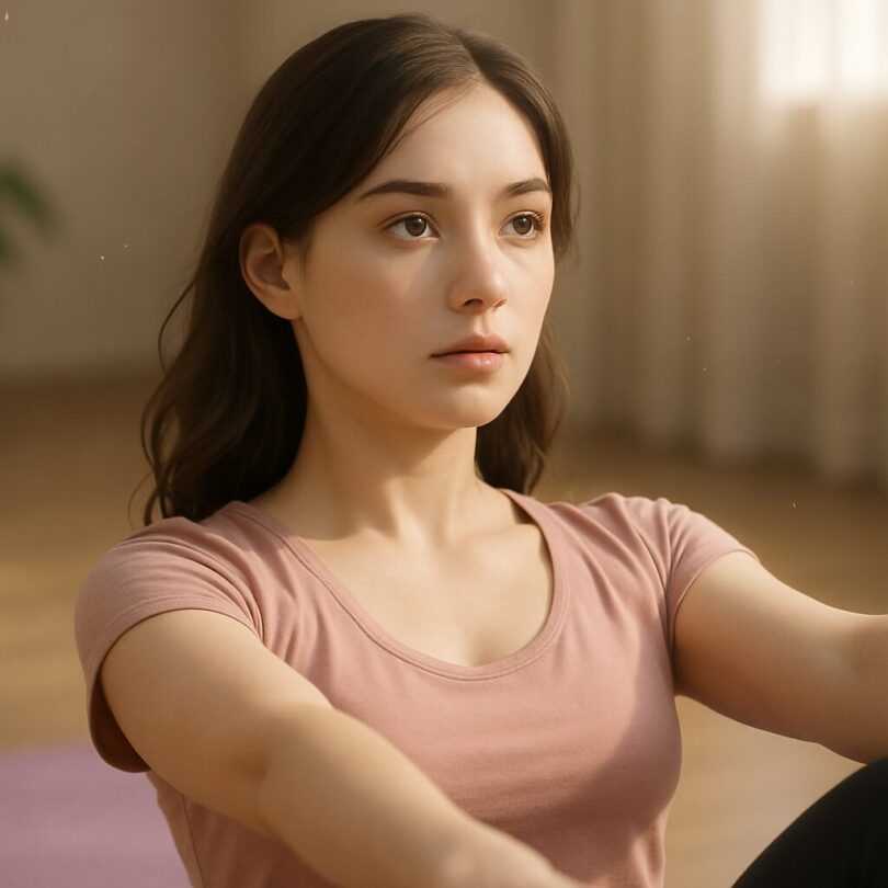 Close-up of Serena in a yoga pose, eyes focused and expression calm, radiating inner discipline