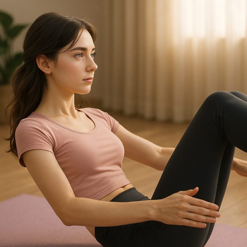 Side view of Serena holding Boat Pose, showing core engagement and balance with blue-gray eyes focused