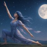 Celestial yoga scene with a woman in low lunge pose, bathed in moonlight on a starlit hill