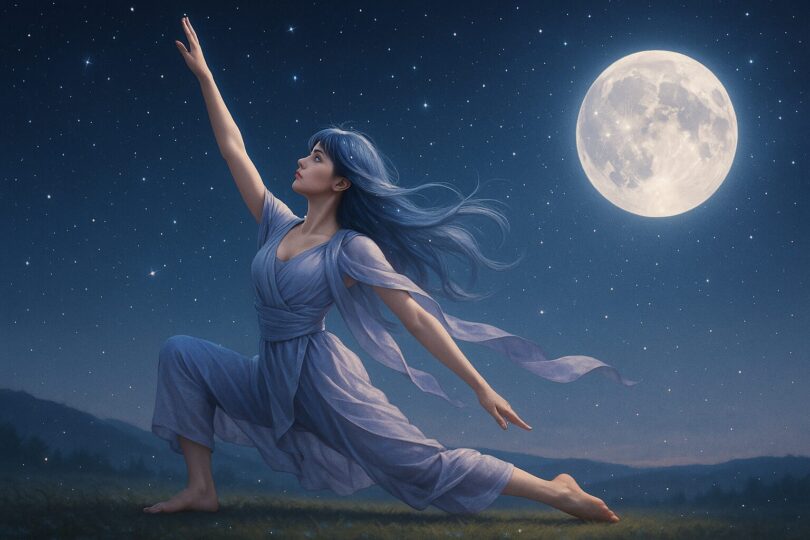 Celestial yoga scene with a woman in low lunge pose, bathed in moonlight on a starlit hill