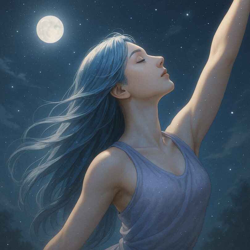 Bust portrait of a celestial woman gazing upward in silent prayer, bathed in soft moonlight