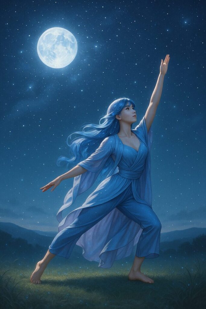 Celestial woman performing a graceful low lunge under the moonlight, reaching upward in silent prayer