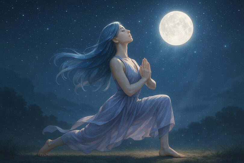 Side view of a celestial woman grounding her front foot in a low lunge yoga pose under the stars