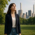 A young woman stands calmly in Central Park, wearing a navy blazer and light denim jeans, gazing into the distance under soft daylight.
