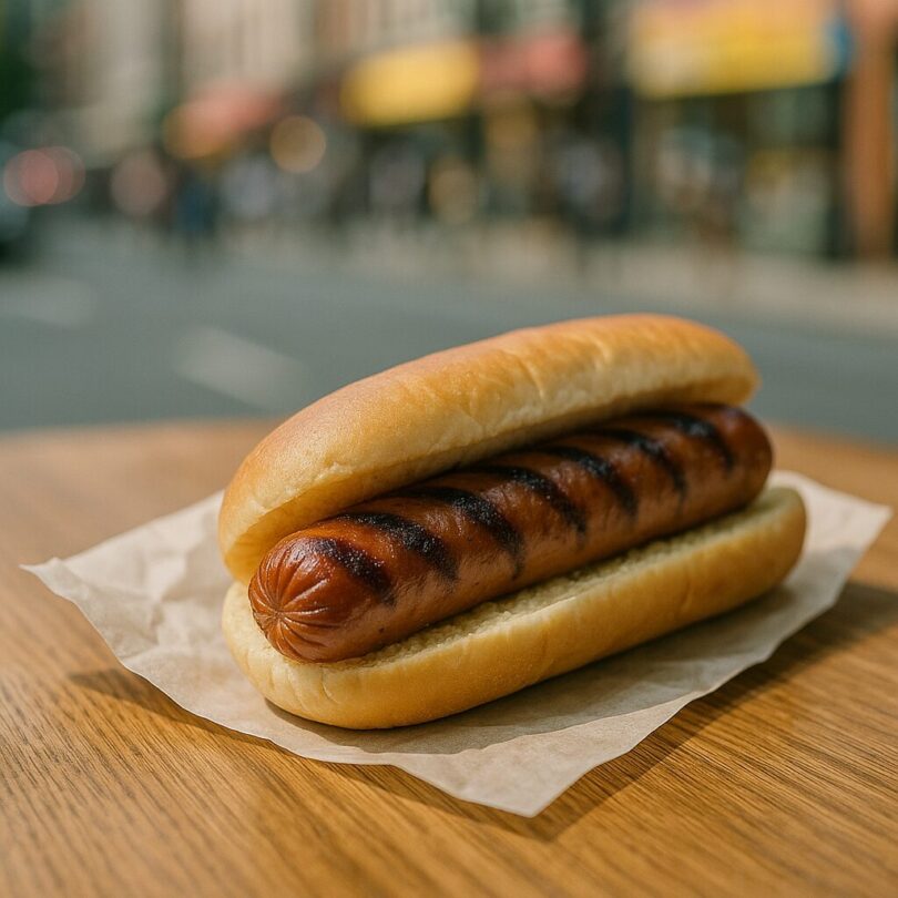 A freshly grilled hot dog with a soft bun and paper wrapper placed on a wooden table, captured in natural light.