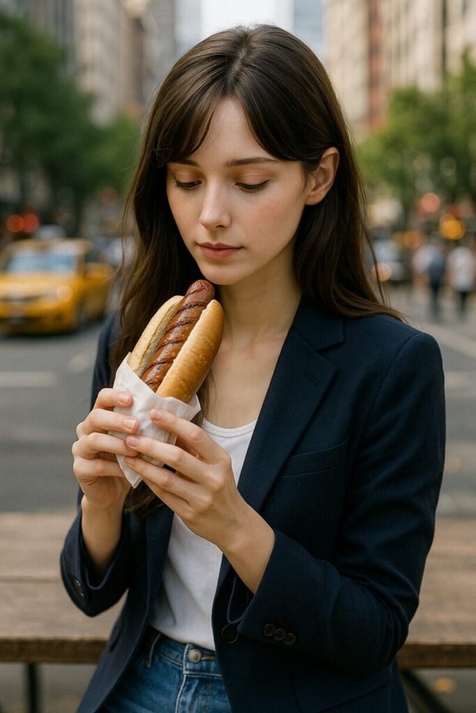Serina holding a hot dog close to her mouth, looking down at it with a thoughtful gaze, on a New York street.