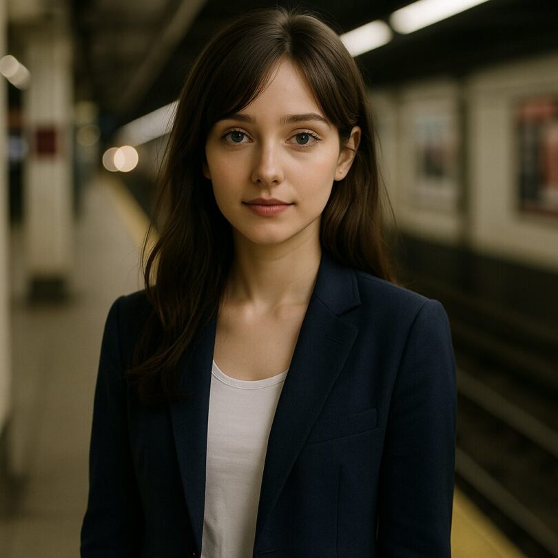 Serina standing on a subway platform, facing the camera with a composed expression, dim station lights casting soft shadows.