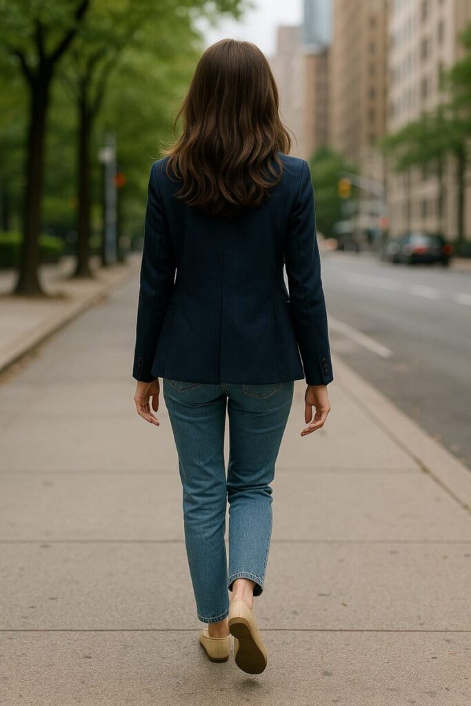 A woman in a navy blazer walks away down a concrete path in New York, her back turned as her soft hair catches the breeze.