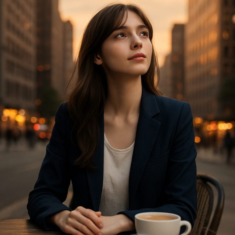 Serina sitting at an outdoor café at sunset, gazing up at the sky with a quiet, reflective expression.