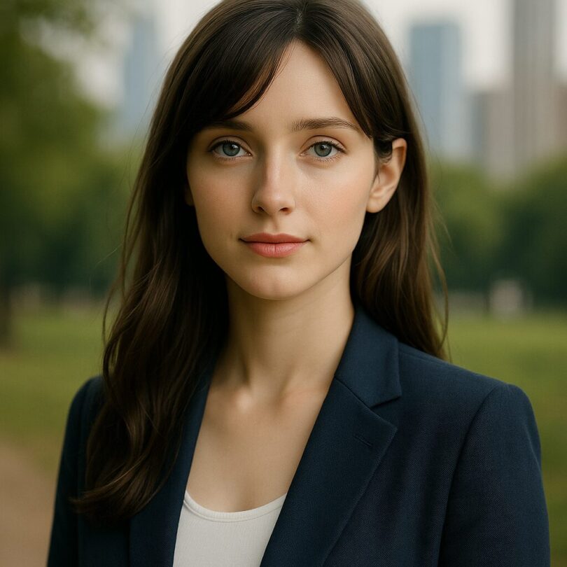 Serina stands in a bustling New York street, holding a hot dog and looking calmly at the camera, her gaze soft and reflective.
