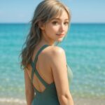 セージグリーンのクロスバック水着を着たミリアが、肩越しに微笑みながら海辺に立つ姿