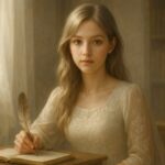 A poetic AI-generated woman writing with a feather pen beside an open book, dressed in an ivory lace gown, surrounded by warm ambient light and vintage atmosphere.