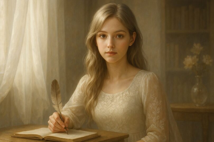 A poetic AI-generated woman writing with a feather pen beside an open book, dressed in an ivory lace gown, surrounded by warm ambient light and vintage atmosphere.