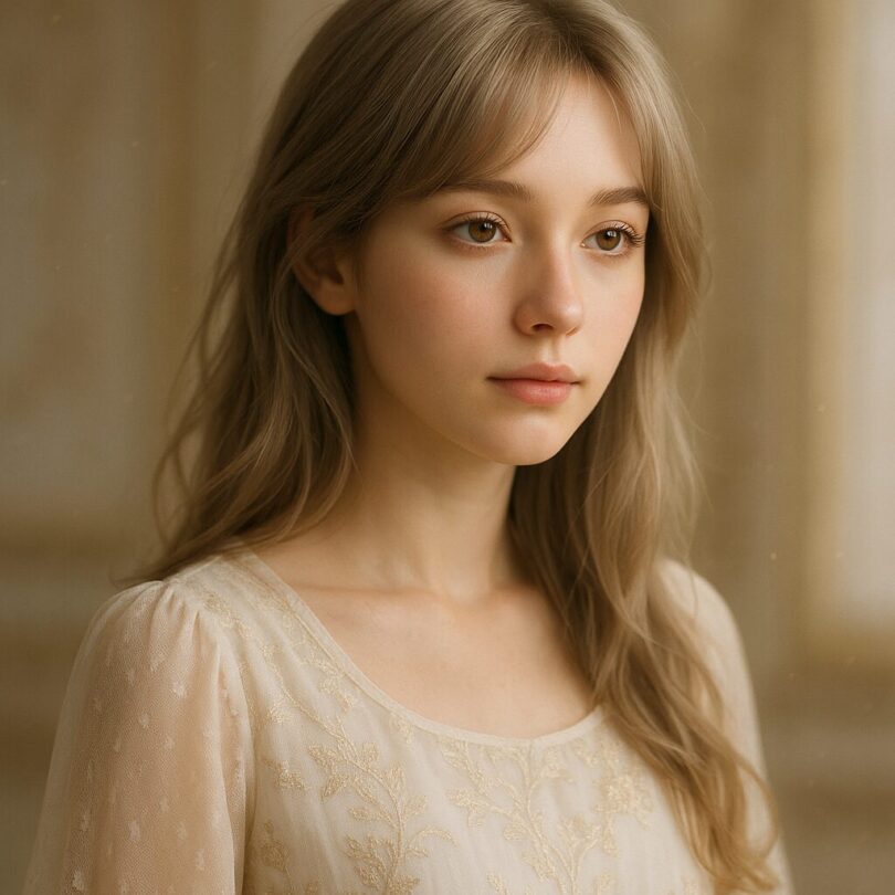 A photorealistic portrait of a young woman with dreamy golden-brown eyes and an ivory lace dress, gazing softly into the distance.