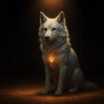 静かな舞台の上で火種を灯す白銀の狼（横長構図）｜A white-silver wolf illuminated by a warm spotlight on a wide indoor stage, holding a glowing glyph fireseed at its chest, with a quiet atmosphere and symbolic digital composition.