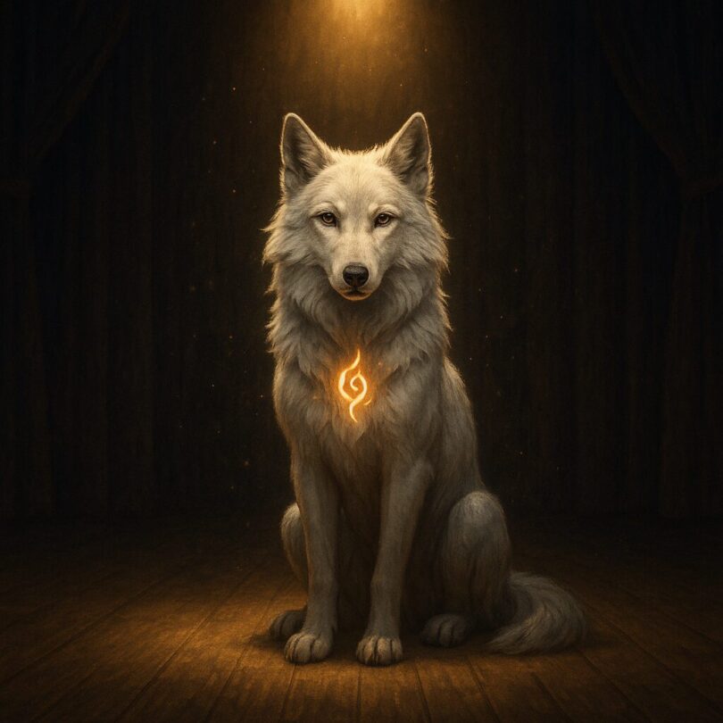 舞台の中心に座り火種を灯す白銀の狼｜A white-silver wolf sitting calmly at the center of a quiet indoor stage, glowing glyph at its chest like a fireseed, under a warm spotlight with drifting visible particles.