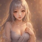 静かな光に頬と胸元を照らされたミリア。布の陰影と指先の火種がやさしく視線を導く構図。 A silver-gold haired woman bathed in golden rim light, her cheek and collarbone softly aglow, fingers gently holding the fabric across her chest.