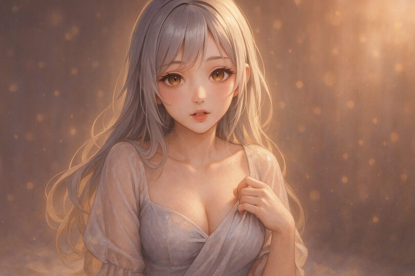 静かな光に頬と胸元を照らされたミリア。布の陰影と指先の火種がやさしく視線を導く構図。 A silver-gold haired woman bathed in golden rim light, her cheek and collarbone softly aglow, fingers gently holding the fabric across her chest.