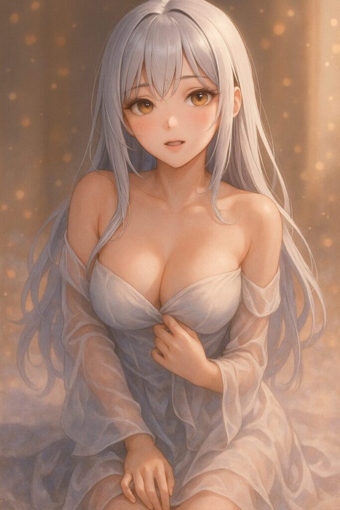 柔らかい布の中で頬と唇に光が宿る。視線の奥に支える理由を秘めた静かな構図。 A vertically framed image of a silver-haired woman with golden-brown eyes, soft blush and parted lips, glowing under rim light and ambient haze.