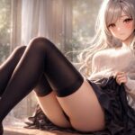 ミリアが黒ニーハイで脚を組みながらこちらを見る横長アイキャッチ。絶対領域が柔らかな光の中で際立つ構図。 Miria in black thigh highs sitting with soft lighting highlighting the absolute territory in a horizontal key visual.